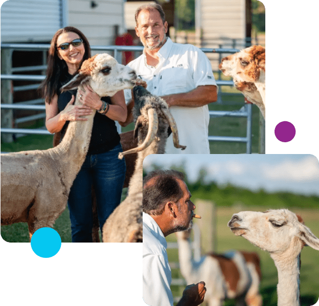 A couple of people are standing with some animals